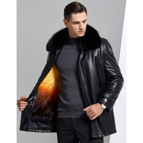 Middle aged and old mens sheepskin leather knick fox collar detachable rabbit liner medium long fur coat