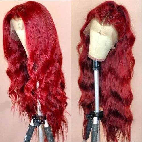 Remy Red Colored Body Wave Lace Front Human Hair Wig Brazilian Middle Ratio Adjustable Strap For Women With Baby Hair
