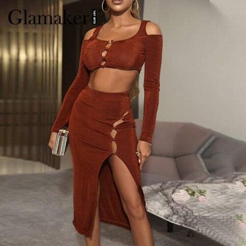 Glamaker Khaki sexy hollow out skirts sets Elegant dinner cropped top and high split skirt women Party club party office suits