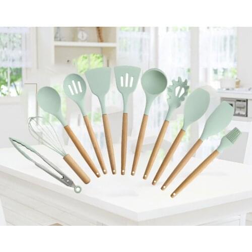 Fresh green 11 piece set of wooden handle silicone kitchenware set storage bucket non stick spatula