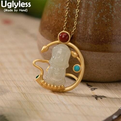 Uglyless Agate Praying Bodhisattva Necklaces Women Religious Jewelry Turquoise 925 Silver Lotus Seat Jade Buddha Pendants +Chain