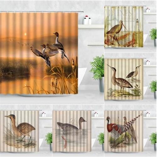 Waterproof Shower Curtain Set Retro Water Birds Plant Dusk Natural Scenery Oil Painting Art Home Decor Screens Bathroom Curtains