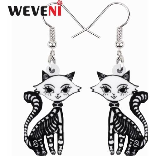 WEVENI Halloween Acrylic Elegant Skull Skeleton Cat Earrings Fashion Big Drop Dangle Charms Gifts Jewelry For Women Girls Teens