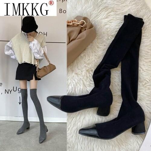 Women 2021 Over The Knee Knitted Stretch Boots Autumn And Winter New Sexy Thick High-heeled Boots Long Boots Thigh High Botas