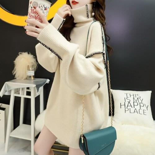 Autumn Long Turtleneck Knitted Sweater Pullover Women Loose Jumper Ladies Korean High Collar Long Sleeve Knitting Tops Female