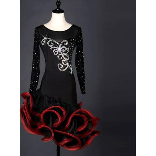 Sexy Long Sleeve Diamond Black Lace Red embellishment Latin Dance Dress Women/Girls/Lady Dancewear Salsa Skirts Latin Stage Cl