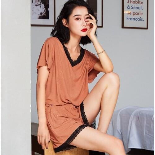 2021 Summer Short Sleeve Sexy Lace V-neck Modal Pajama Sets for Women Shorts Sleepwear Suit Pyjama Homewear Pijama Mujer Clothes