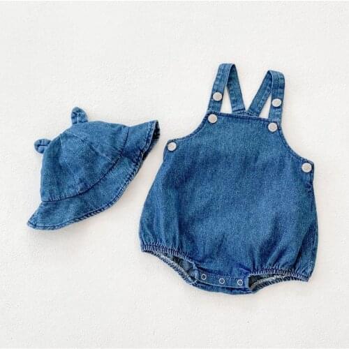 Infant Baby Girl Clothes for Newborns Solid Denim Strap Romper + Sun Hat Outfits Summer New Cotton Boys Childrens Clothing Sets