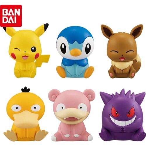 Bandai Genuine Pokemon Anime Q Cute Clip Series Ornaments Doll Pikachu Eevee Piplup Slowpoke Psyduck Gengar Action Figure Toys