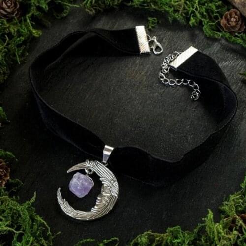 Velvet Choker Moon Choker Purple Raw Stone Gorgeous Pendant Crescent Charm Creativity Choker Witch Jewelry Fashion Women Gift
