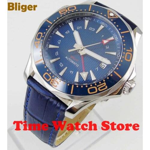 2019 New 41mm Bliger GMT Automatic watch men 3ATM Orange waterproof blue dial leather strap ceramic Bezel luminous sapphire 841
