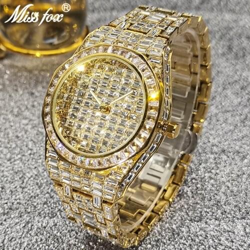MISSFOX Mens Watches Top Brand Luxury Hip Hop Full Baguette Diamond Watch Iced Out 18K Gold Waterproof Clocks Relogio Masculino