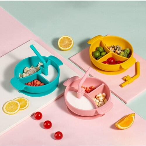 Baby Silicone Plate Kids Bowl Plates One-piece Placemat with Straw Baby Feeding Bowl Baby Silica Gel Dishes Kids Tableware