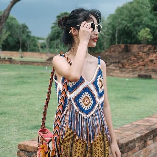 Hirigin Europe and the United States 2021 summer tourism ethnic style Su sling Bohemian cut out sweet vest Bohemian style top