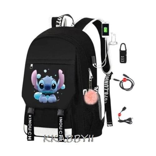 Cartoon Stitch Laptop Backpack Woman Men Canvas Capacity Travel bag USB Charging Port Schoolbag