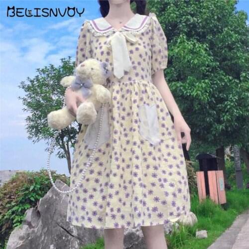Japanese Sweet Lolita Dress Women Floral Printed Ruffles Peter Pan Collar Dress Harajuku High Waist Female Leisure Chic Dress