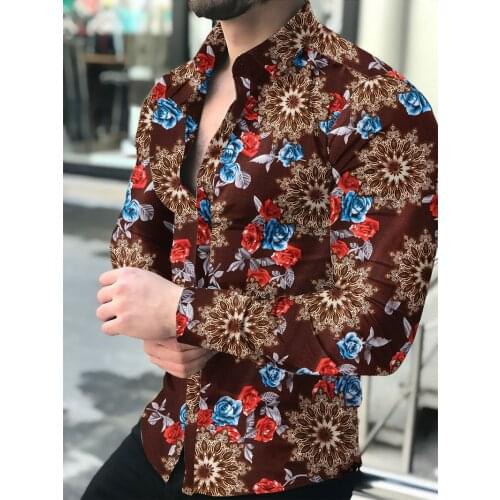 Camisas florales de manga larga de Otoño de 2021 para hombres camisas estampadas con flores de corte delgado para hombres cam