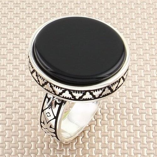 Round Black Onyx Stone Men Silver Ring With Symmetrical Motif Little Finger Ring Made in Turkey Solid 925 Sterling Silver