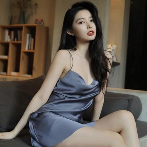 SR120 Summer Sexy Sleepwear Silk Satin Nightdress Womens Nightgowns Sweet Lace Sleep Dress Nighty Sling Skirt Soft Homewear
