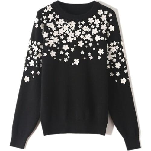 Autumn Heavy Handmade 3D Flowers Decor Sweater Beads Pullovers Knitted Shirts Long Sleeved OL O-Neck Tops Sueter Mujer Invierno