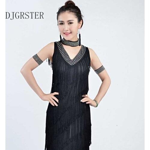 New Sexy Lady Performance Latin Dance Clothes V-neck Women Sequin Tassel Latin Dresses 7 Colors Modern Dress+gloves+necklace