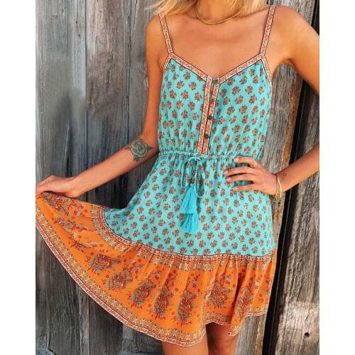 Super chic floral mini summer dress for women straps boho beach dress buttons drawstring waist bohemian dress cute women dress