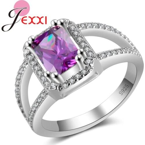 Simple Square Engagement Jewelry 925 Sterling Silver Purple CZ Austrian Crystal Rings Full Sizes Geometric Wedding Jewelry