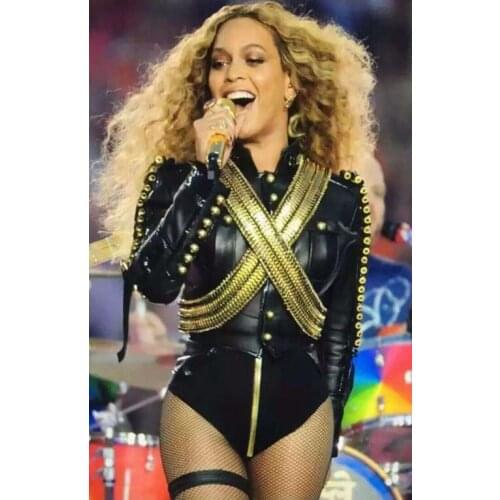 Stage Costumes for Singers Dance Costume Stage Dj Service Beyonc Leather Military Roupa Feminina Rhinestone Bodysuit 2 Pcs/set