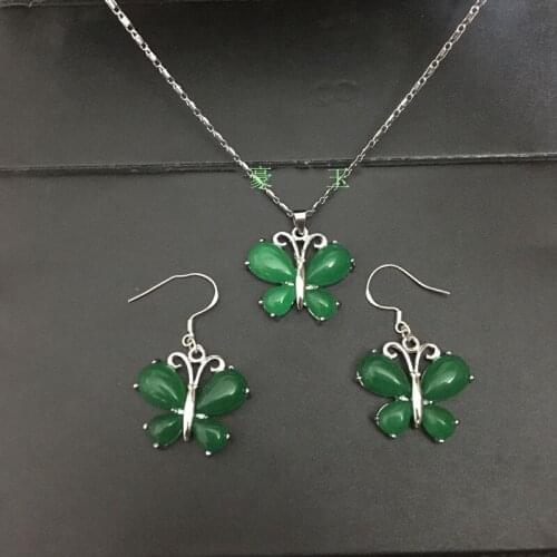 Natural Green Chalcedony Hand-carved Butterfly Earrings Fashion Boutique Jewelry Ladies Earrings and Necklaces Two-piece Set