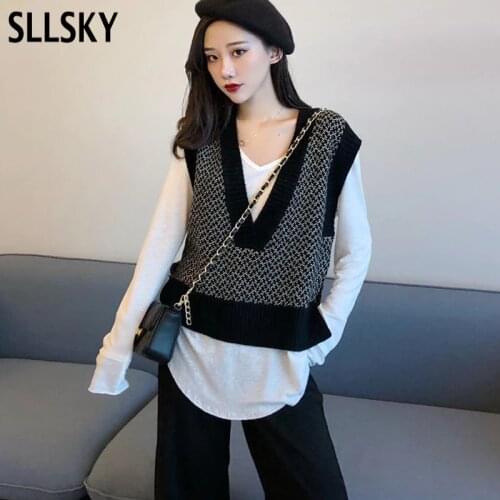 SLLSKY Women Sleeveless Pullover Vest Autumn 2020 Korean Style Vintage Stylish Color Patchwork V Neck Knitted Wool Sweater Vest