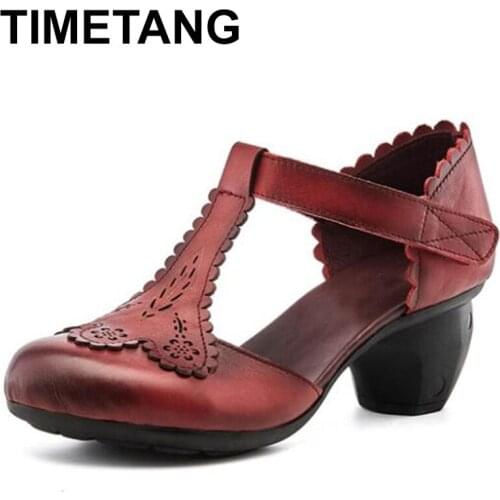 TIMETANG Promotion Summer New Classic Retro Sandals Women Genuine Leather Sandals Elegant Comfort Non-slip Wear High Heel Sandal