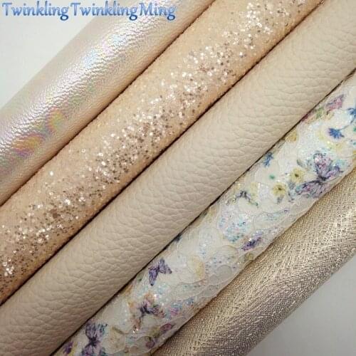 BEIGE Glitter Fabric, Butterfly Printed Lace Glitter, Litchi Faux Fabric Sheets For Bow A4 21x29CM Twinkling Ming XM009K