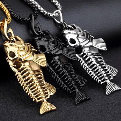 Vintage Punk Fish Bone Pendant Necklace Stainless Steel Polished Women Men Fashion Simple Choker Chain