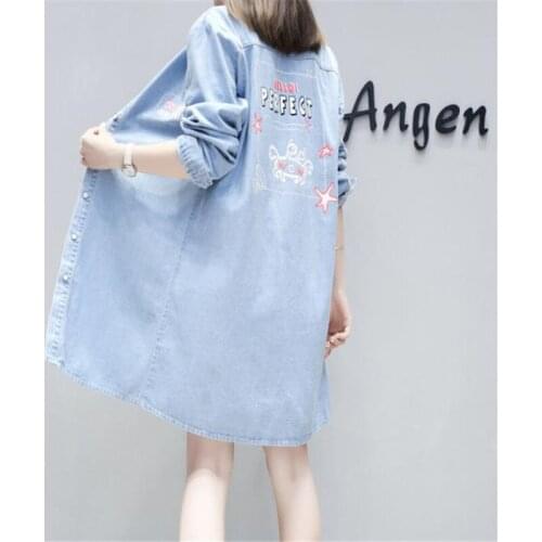 Spring New Women Denim Jacket 2019 Fashion Solid Color Large size Outerwear Medium Long button Slim Women Cowboy Coat HC047