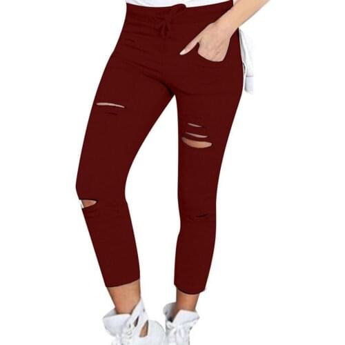 Plus Size Women Skinny Cropped Pants Autumn Solid Color Drawstring High Waist Pencil Pants Ripped Skinny Cropped Leggings 2021