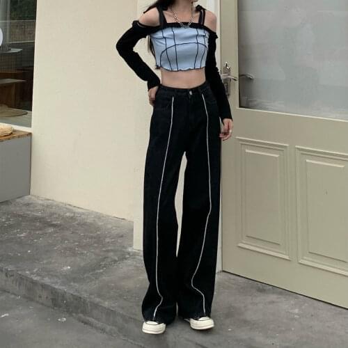 Women Bright line High Waist Jeans New Straight Plus Size Loose Wide-leg Pants Black Denim Mopping Trousers S-4XL