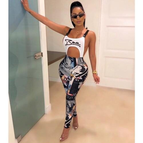 2021 New Style Women Summer Slinny Jumpsuit Ladies Letters Print Sleeveless Backless High Waist Long Trouser Jumpsuit