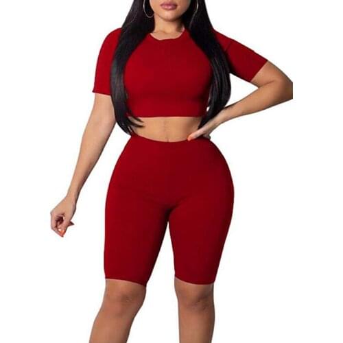 Ladys Sexy Casual Suit, Round Neck Short Sleeve Midriff-baring T-shirt, Solid Color Slim Elastic Shorts
