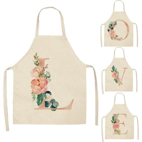 1 Pcs Pink Letter Flower Kitchen Aprons for Women Cotton Linen Bibs Household Cleaning Pinafore Home Cooking Apron