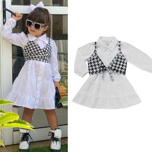 FOCUSNORM 0-5Y Lovely Kids Girls Dress 2pcs Solid Long Sleeve Single Breasted Ruffles A-Line Dress+Plaid Braces Waistcoat