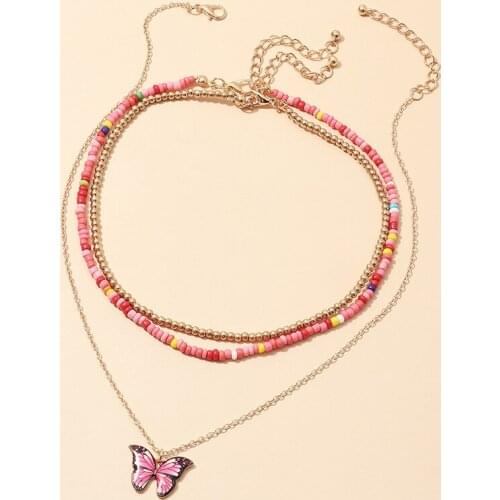 3PCS Colorful Bead Choker Decorative Alloy Necklace Butterfly Pendant Chain Necklace for Women Girls Bohemia Jewellery