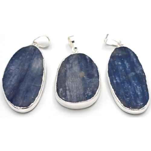 5pcs Silver Plated Irregular Gems Stone Natural Kyanite Stone Flat Oval Pendant Healing stone for Bridal Necklace Blue Crystal