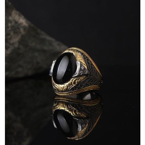 Black Zircon 925 Sterling Silver With Gold Plate Engraved Traditional Handmade Ring Jewelry Gift for Women Men