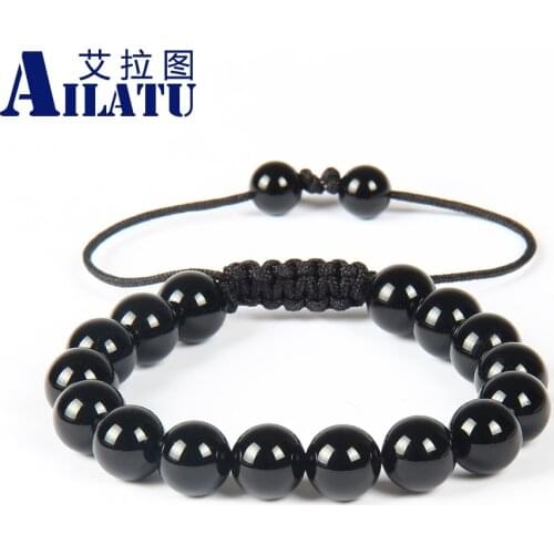 Ailatu 10 pcs/lot Fashion Men Macrame Woven Bracelet High Quality 10mm Natural Black Round Onyx Bead Jewelry