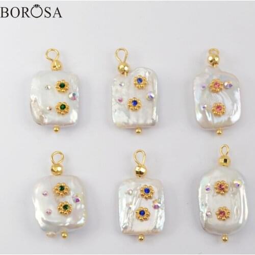 BOROSA 10Pcs Freeform Natural Pearl Multi CZ Charm Pendants Fashion White Freshwater Pearl for Women Earring for Necklace WX1276