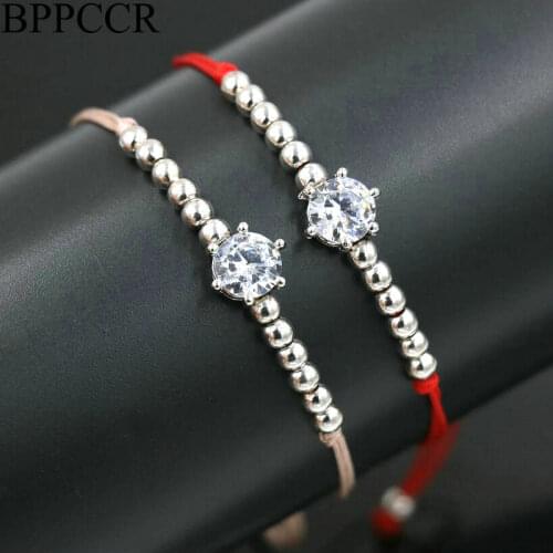 BPPCCR Women Lucky Red Rope Thread Strings Braid Bracelets with 4mm Copper beads Shiny Crystal Cubic zirconia Lovers Pulsears