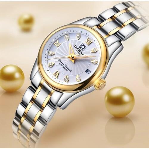 Carnival luxury brand mechanical women watch ladies genuine leather strap waterproof rhinestone dress watches women full steel