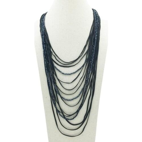Black Multilayer Rope Chain Necklace Blue Crystal Hand Made Bohemian Jewelry 2018 New Long Necklace For Women Mrs win