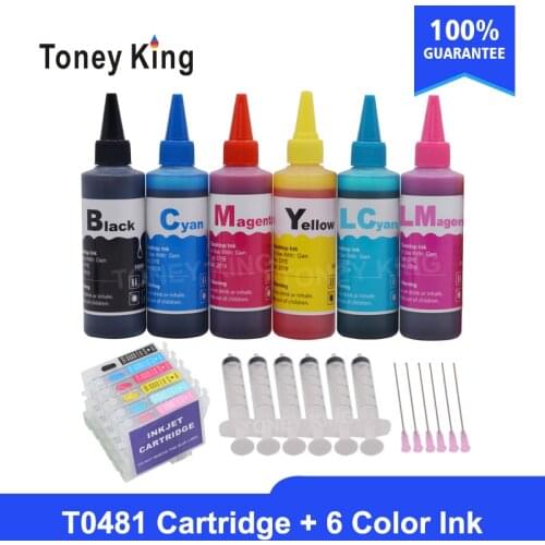 Toney King T0481 Dye Ink Cartridges For Epson Stylus Photo R200 R220 R320 R340 RX500 RX60 Printer + Ink Bottle For 6×100ml