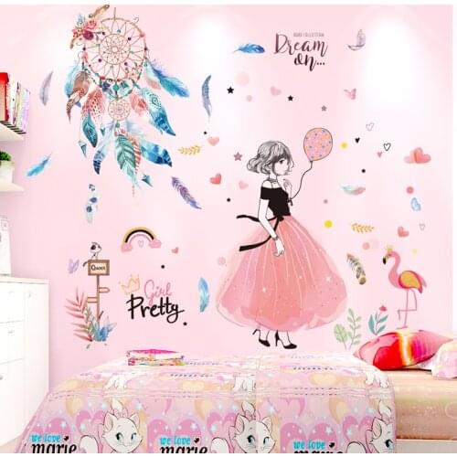 Cartoon Girl Wall Stickers DIY Dreamcatcher Feathers Mural Decals for Kids Rooms Baby Bedroom House Decoration